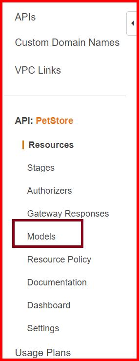 Picture showing the Models menu in API Gateway
